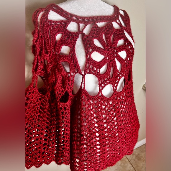 Red Hand Crochet Bell Sleeves Sweater! Size Large - Picture 15 of 15